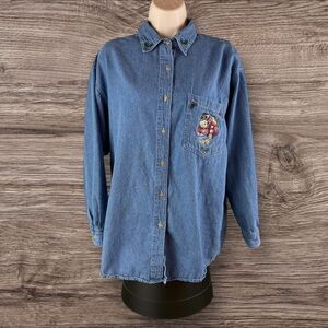 Quizz Button Down Womens Medium Christmas Blue Denim Embroidered Holiday Bear 71